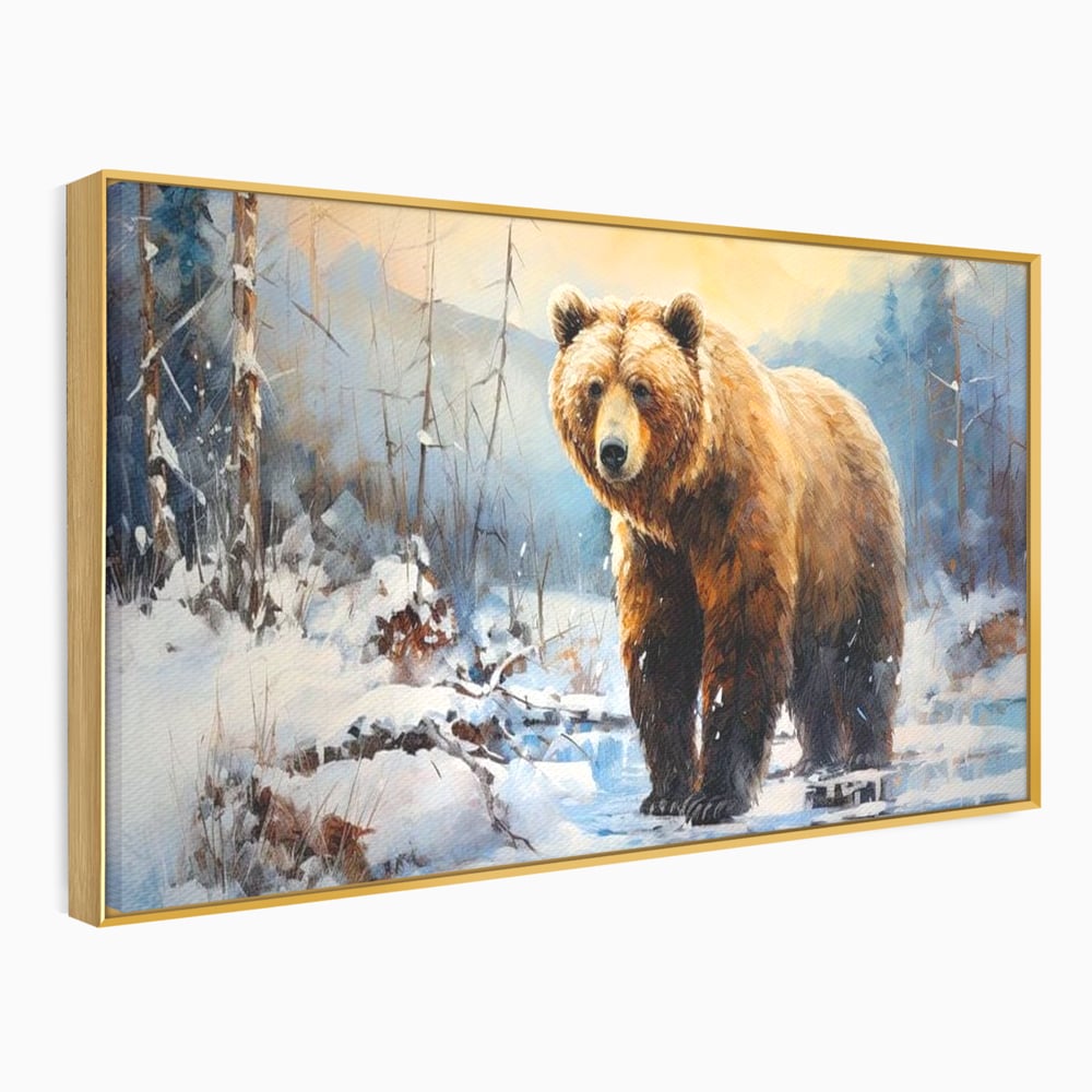 Tablou canvas cu tablou canvas cu urs brun in zapada, in rama de aluminiu auriu